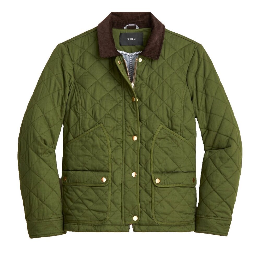 NWT J.Crew Quilted Barn Jacket in Deep Moss Corduroy Trim S Petite SP